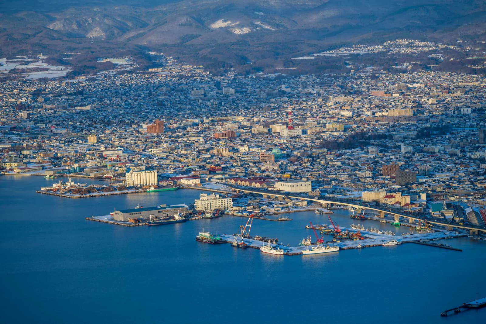 Hakodate city and its port seen from the hills above, water on both sides