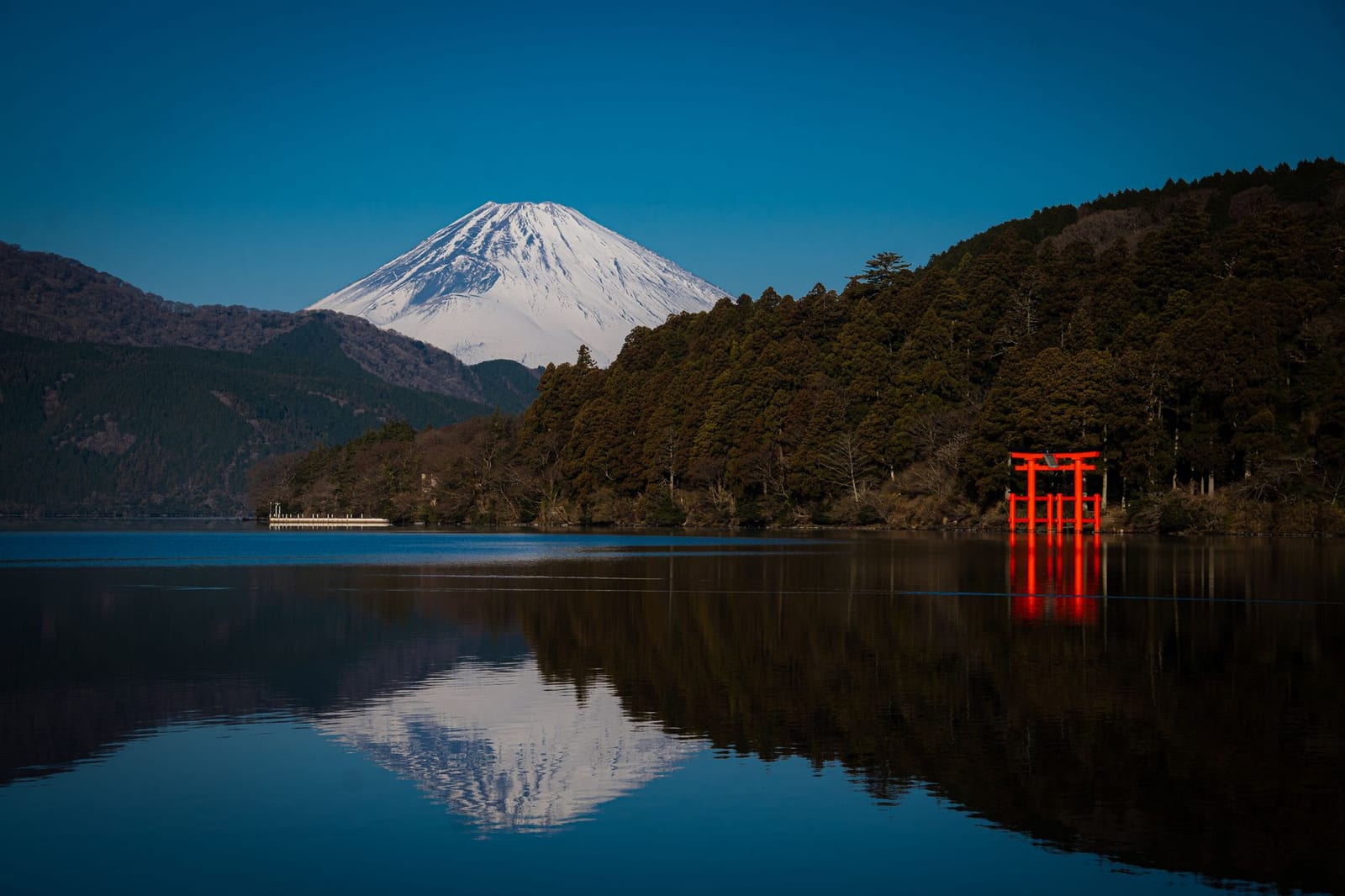 Lake Ashi in Hakone with Mount Fuji visible in the distance on a clear day