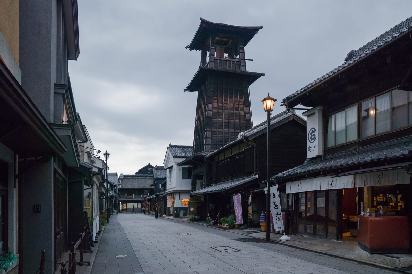 Clay-walled kurazukuri merchant houses and the bell tower on the old street at Kawagoe