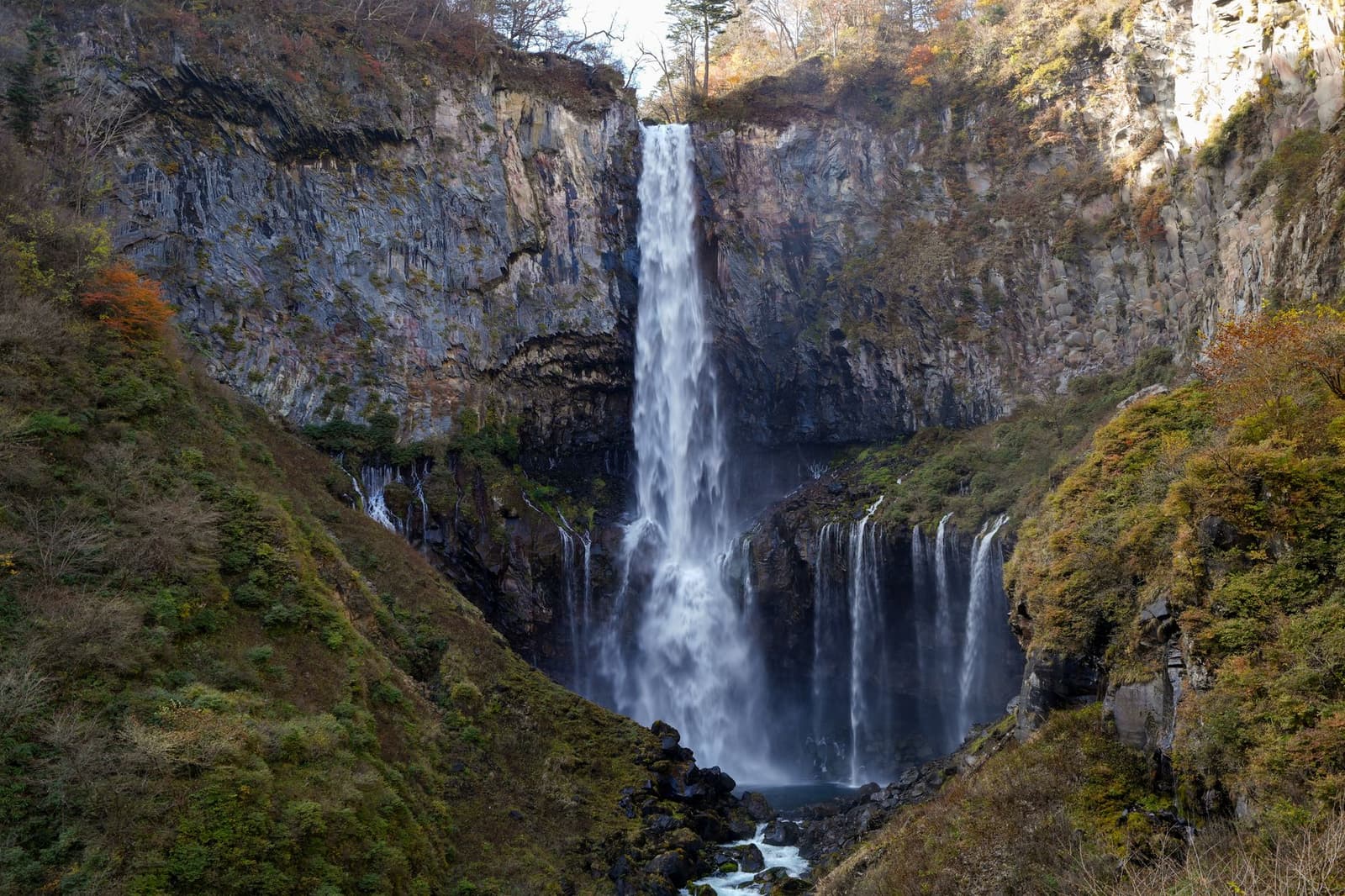 Kegon Falls at Nikko dropping between steep cliffs into the gorge below