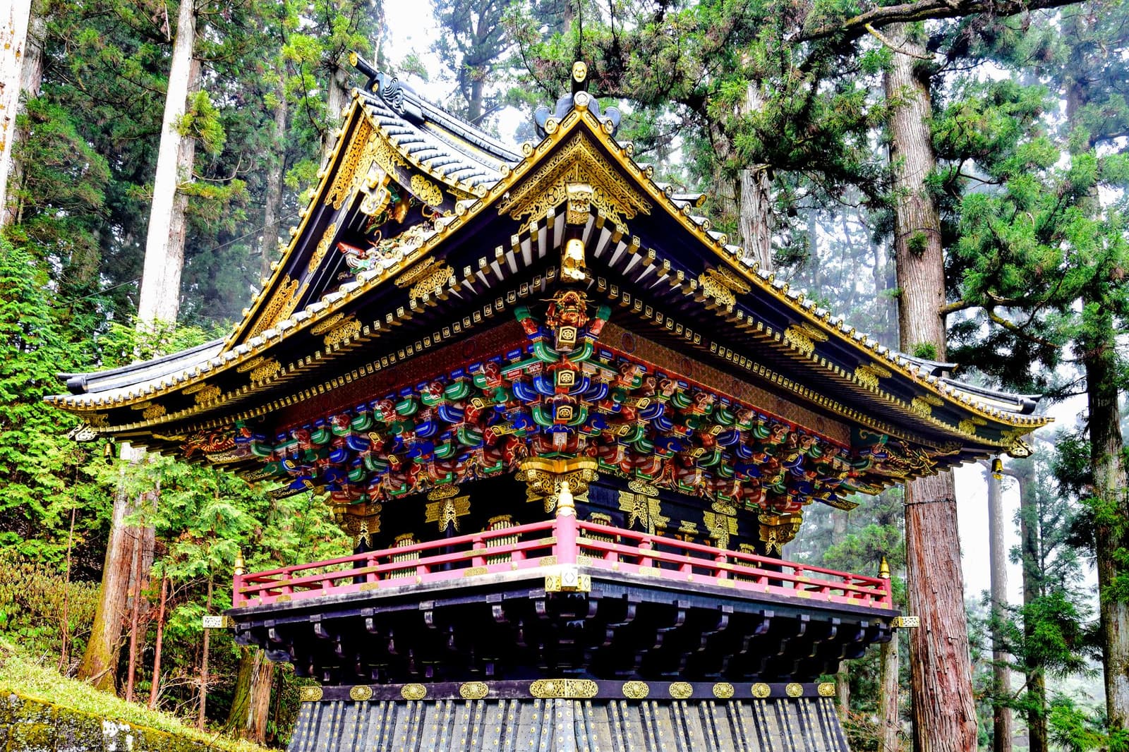 Ornately carved and gilded gate at Nikko, framed by towering cedar trees